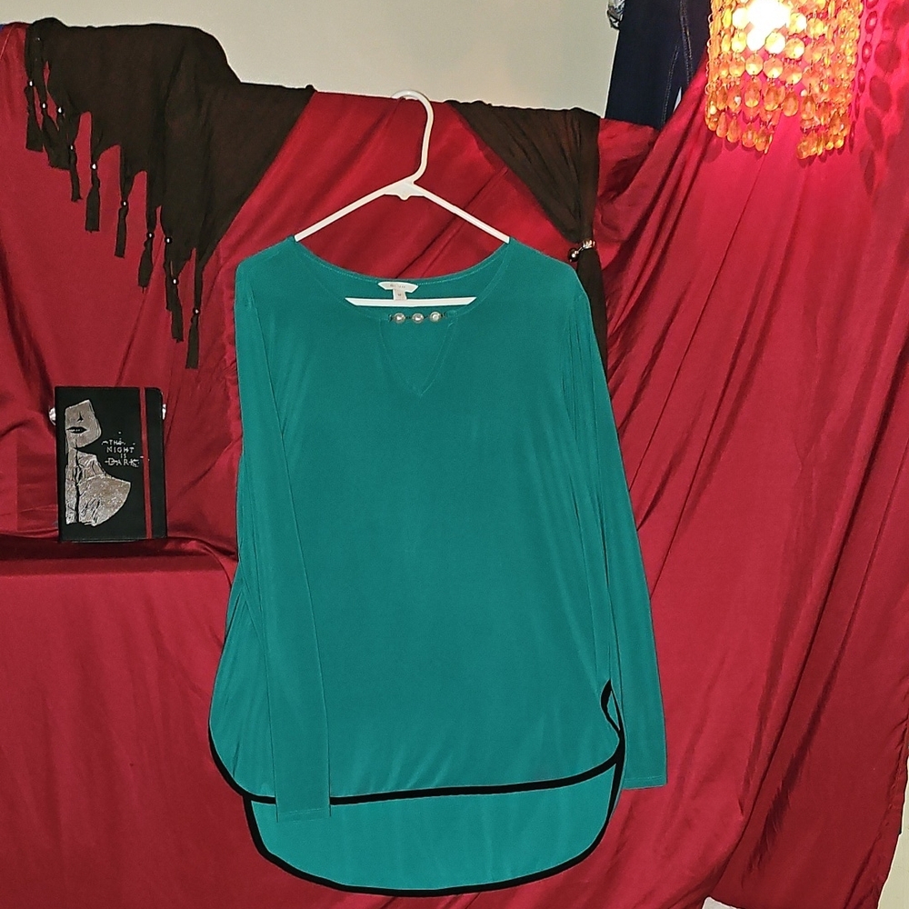 EUC Cato High-Low Teal Long Sleeve Women's Tunic With Pearl Detail And Trim